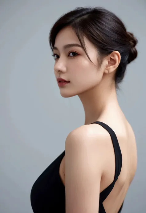 (( best quality ,  8,000 )),  of a young lovely woman,  realistic, side view, portrait,  Super Realistic ,  highly detailed,  highly detailed skin,  high quality,  Black Dress 