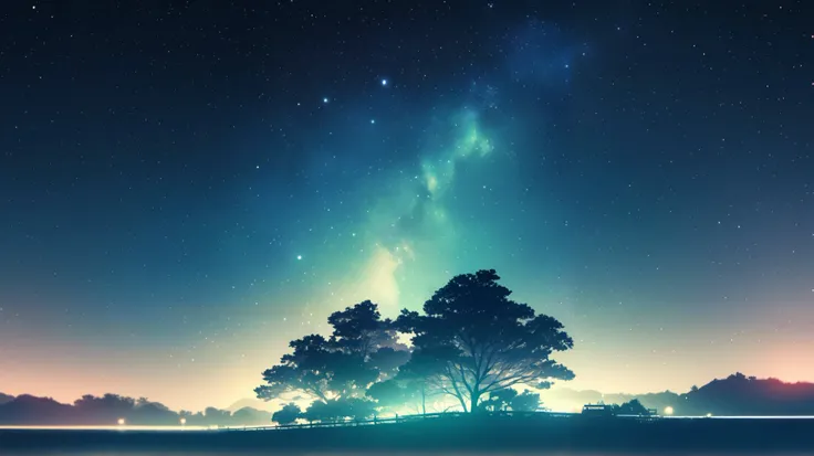  high resolution,  starry sky ,  dreamy sight, Green and blue as the base color , 畦道と田んぼ,   nostalgic  