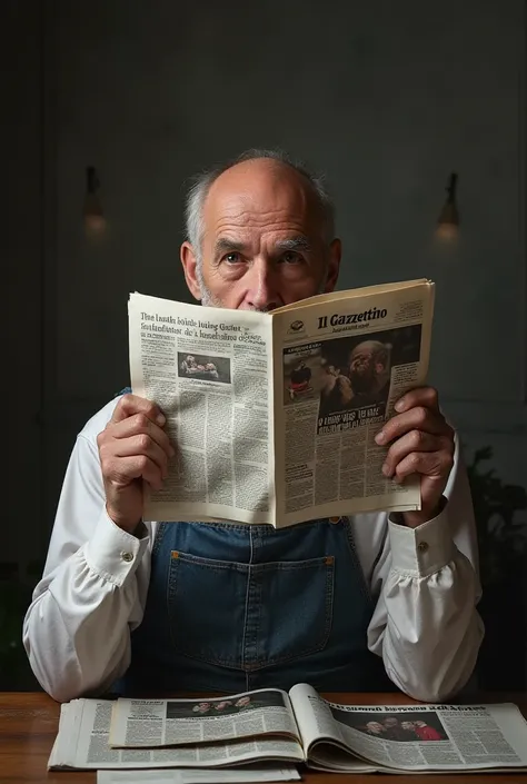  Old man with the face of Vasco Rossi with a bald beard wears overalls with a long sleeve undershirt , not very tall  ,He sits three-quarters seated and reads the newspaper, completely covering his face and letting out only the inquisitive look,The newspap...