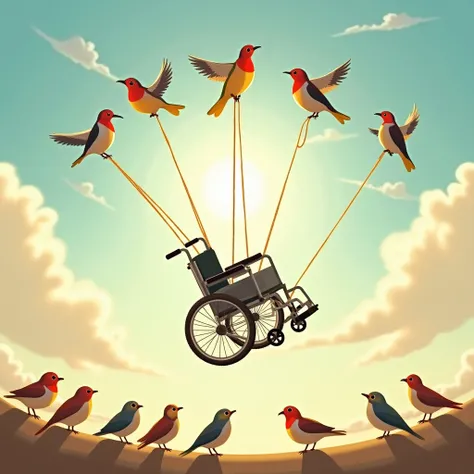 birds lift a wheelchair with ropes symbolizes barrier-free life, happy image, sunny weather, bright outside