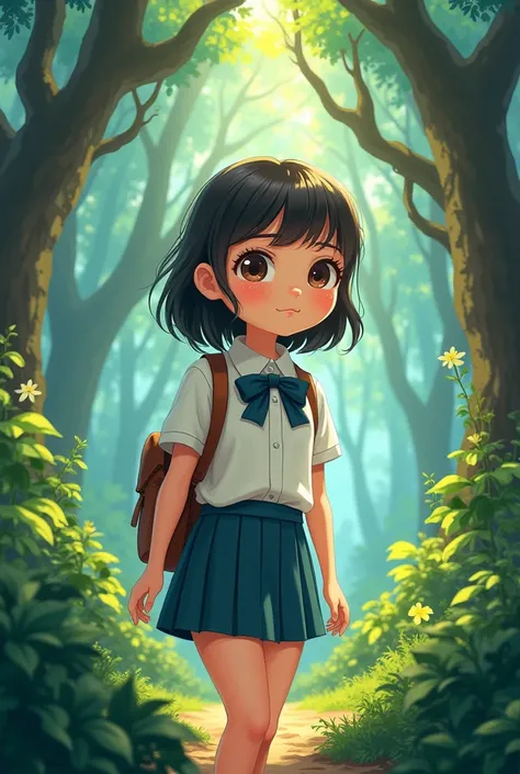 A cartoon character Girl 6 picture (about 20 years old) wearing a school uniform is lost in the forest.