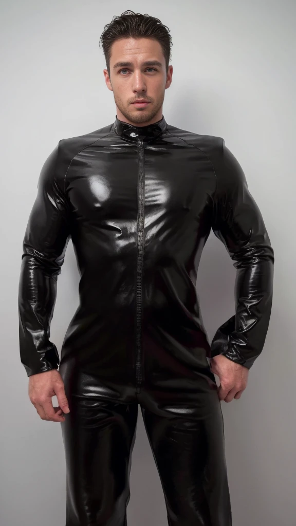 A handsome man wearing a tight black latex suit
