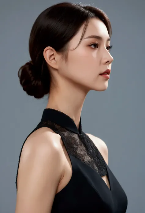 (( best quality ,  8,000 )),  of a young lovely woman,  realistic, side view, portrait,  Super Realistic ,  highly detailed,  highly detailed skin,  high quality,  Black Dress 