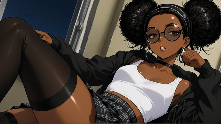 1Girl, Mature, Ebony, African American, Dark Skin, Jet Black Hair, Afro, Double Bun, Shiny Hair, Bright Brown Eyes, Black Nails, Dark Brown Eye Shadow, Medium Chest, Brown Cropped High-Cut Hoodie, White Tank-Top, Black Circular Glasses , Black Plaid Skirt,...