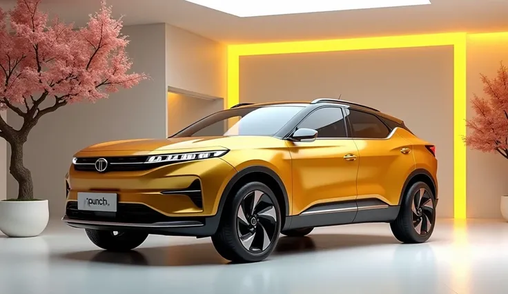 Center  right side view of A design new upcoming 2025 Model of(. Golden shiny colour) ( Tata punch)Size Sedan it's look is Futuristic and four big steel straight pipe exhaust Car captured from  ( center right side)View, standing in Luxury whiteGlass room w...