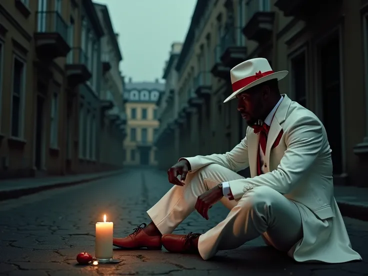   a dark-skinned black man wearing an elegant white suit with red details and a white fedora hat with a red stripe sitting on the street, with a burning candle and a glass in front of him .  The background is a dark street and side streets with old-looking...