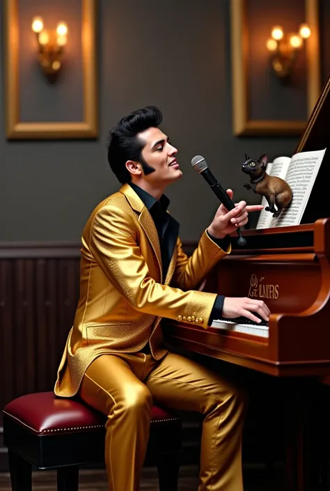 Then you see Elvis sitting behind the piano and he is playing and singing. Then he opens the top of the piano and animals come out of the piano. First a black cat, then a dog and then a few birds fly out of the piano.His dress up on golden color suit with ...