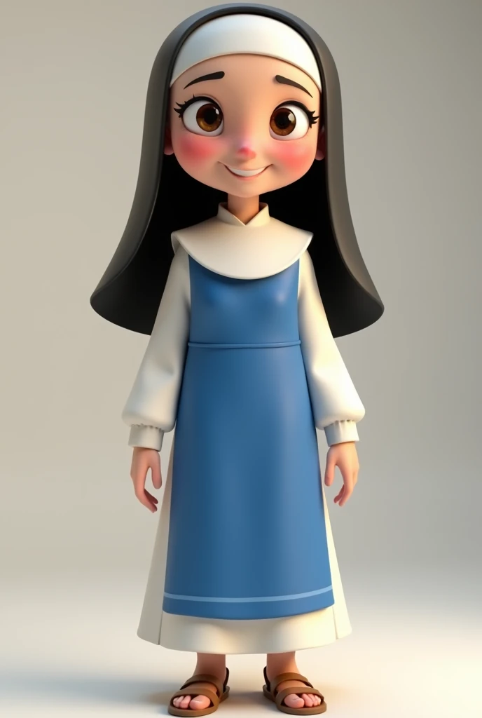  Create 3D animation style art ,  portraying a character called Sister Dulce :  young feminine with a friendly and charming appearance .  Her features include large eyes , expressive,  rounded ,  that convey liveliness and charisma .  The eye colors are da...