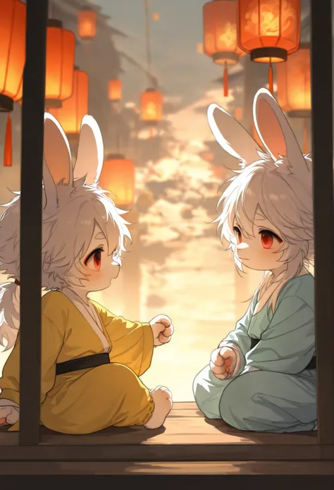 Dwarf rabbit boy ，furry boy with white hair，toddler，Hanfu，lantern