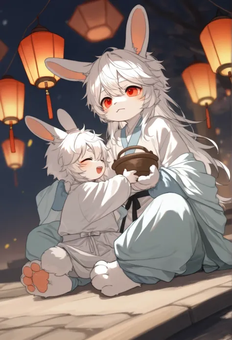 Dwarf rabbit boy ，furry boy with white hair，toddler，Hanfu，lantern