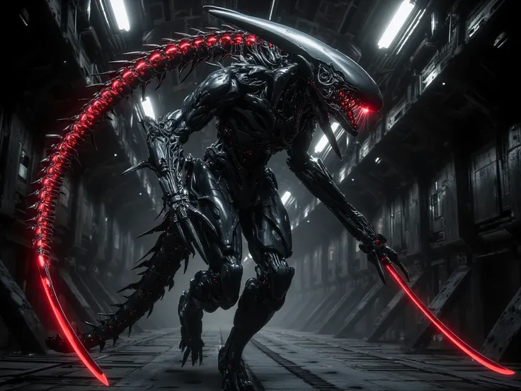 Mecha who looks like a xenomorph with red lights hunting survivors in a ship 