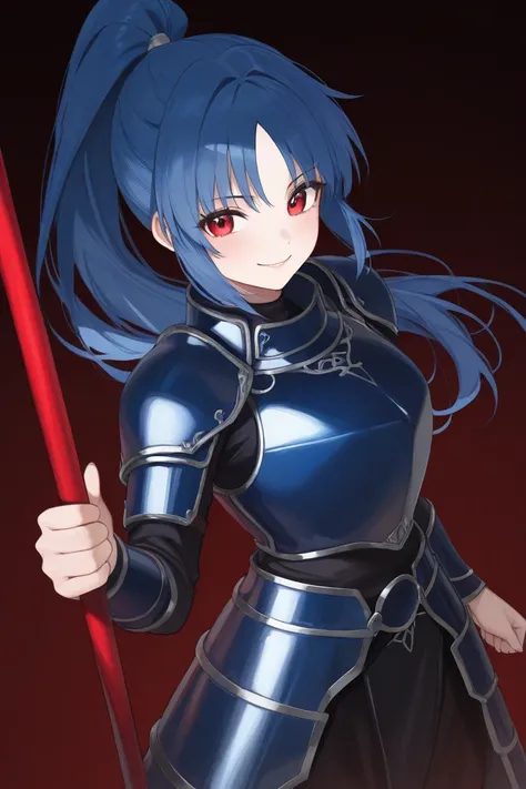 look straight ahead,woman,girl,double eyelids,small nose,lip gloss,ponytail,has bangs,confident look,smile face,blue leather armor,no background,red eyes,blue hair,red spear in right hand,left hand on waist,larger head