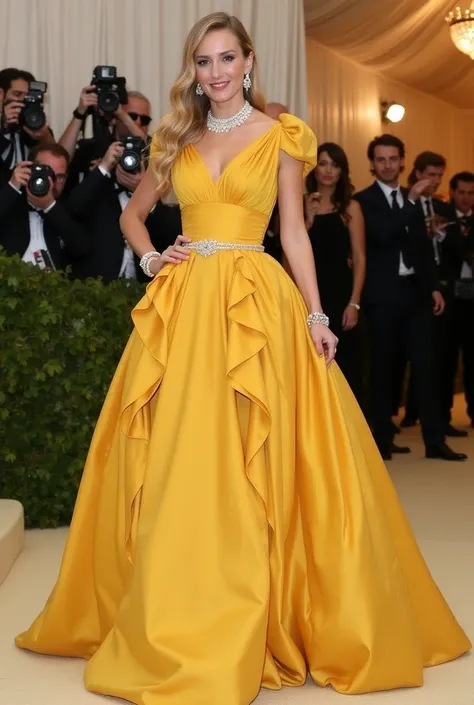   heart of 19th century vintage clothing  {x}   MET gala event in New York ,   center of 19th century old yellow dress , Blonde model, Paparazzi  , ,   pastel color, extravagant dress, Pearl, Many accessories.   same dress in all pictures  , Same yellow dr...