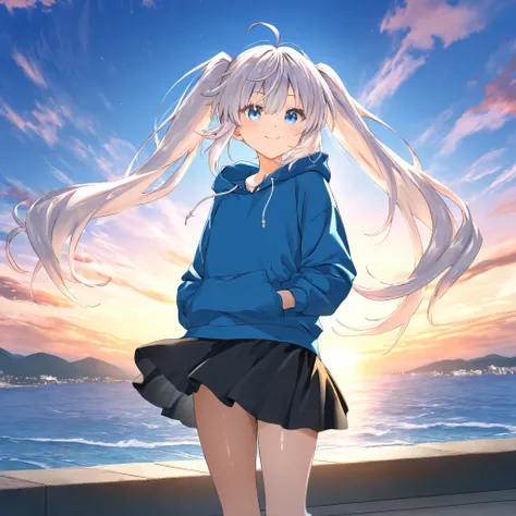 1girl, colorful cute, beauitful girl, bright blue Hoodie, 8k, High quality, Black skirt, Long bang, beautiful, sunny, sunrise, white hair, gradient bright cyan to blue eyes, flat breast, flat chest, casual ourfits, very long twintails hair, Shiny eyes, Smi...