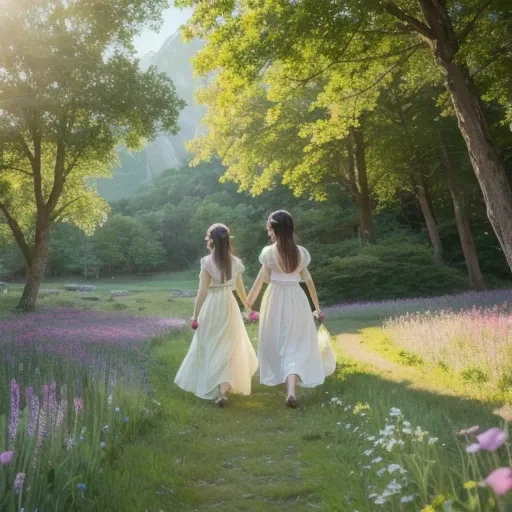 An illustration depicting two fairies wearing long cream-colored dresses as they walk lightly through a lush green meadow.Multiful butterflies dance around them, adding color to the surroundings.A majestic mountain range rises in the background, and soft s...