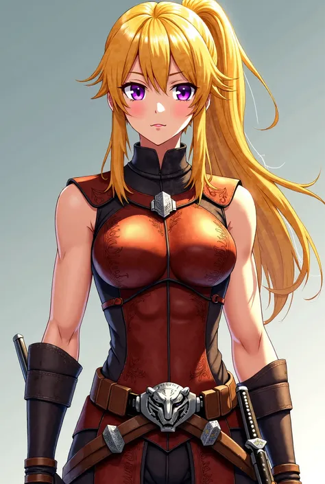 Hae-in stands tall, her athletic yet lithe physique evident even under her leather armor. Her long, golden-blonde hair cascades down her back like a river of sunset hues, tied back in a practical ponytail that reveals her heart-shaped face and striking pur...