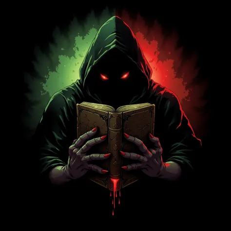 create a logo for horror story youtube channel that has evil holding a book with green and red theme 