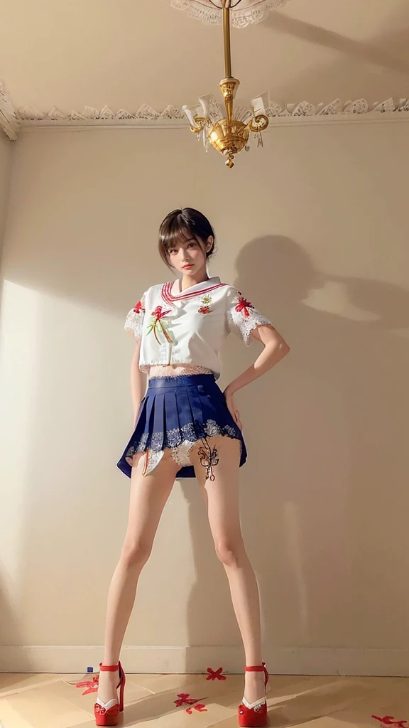 (((Two arms)))、(((2 legs )))、 traditional Japanese high school girl uniform、 White Short Sleeve Sailor Suit、((((Tiny mini skirt))))、((((((( skirts are short)))))))、(((((((( long legs))))))))、((Inside Schönbrunn Palace 、 Ceiling Chandelier 、white short slee...