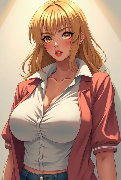 Anime Sexy Blonde Milf with big boobs sweating while wearing a Massive Popped Collar Polo while looking hot