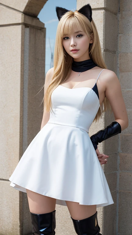  young girl ,  slim ,  blonde hair,   straight long hair ,  small breasts,  breasts open,, Cat ears,  masterpiece ,  anatomically correct  , UHD,  super detailed, further away,  wedding dress ,  latex black knee boots ,   latex black arm warmers long   ,  ...