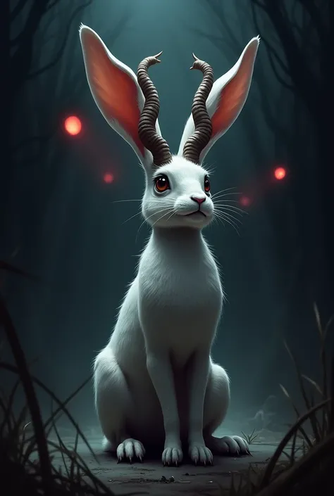 I want to create a 2d image , rectangular size, NO REALISM,  where a hare with horns is the main subject,  stand out and is on what appears to be a dark background ,  where a pair of red eyes  