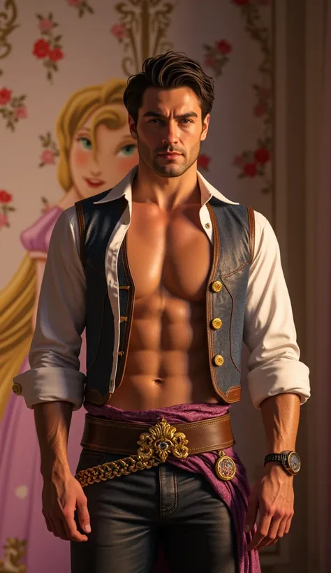 Hyper-realistic portrayal flynn rider in royal jockstraps, open vest shirt, wallpaper featuring princess rapunzel with long hair , fantasy, pastel colors 