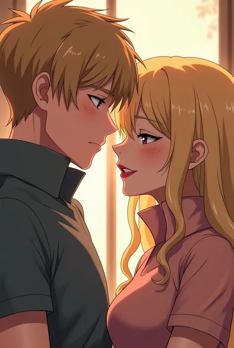 Anime Sexy Blonde Milf with big boobs sweating while wearing a Massive Popped Collar Polo while looking hot with her boyfriend he's wearing a Massive Popped Collar Polo a collar so high it's taller than his head