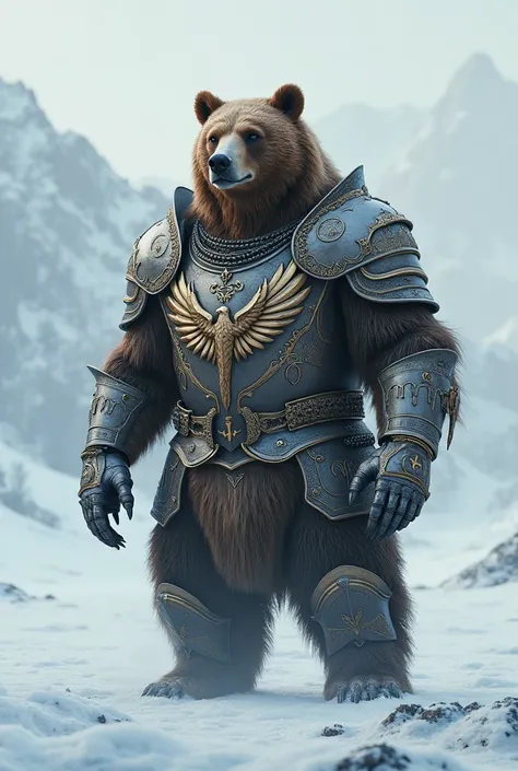 A humanoid kodiak bear ,  wearing medieval armor with falcon wings on its chest, on a snowy plain