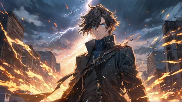 A young male protagonist in his late s or early twenties stands defiantly against a stormy urban skyline at dawn. His dark, windswept hair flows dramatically, and his piercing blue eyes glow with determination. He wears a long, black coat with a high colla...