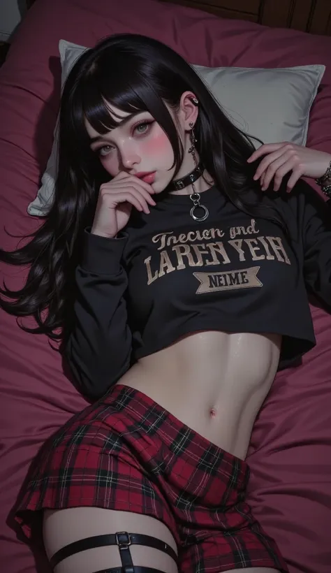 arafed woman lying on a bed with a old pink blanket, top with inscriptions and drawing, red and black plaid miniskirt, You can see his abdomen, sensual image without being vulgar, shiny jet black hair, fringe, hair falls to the sides,  she looks at the cam...