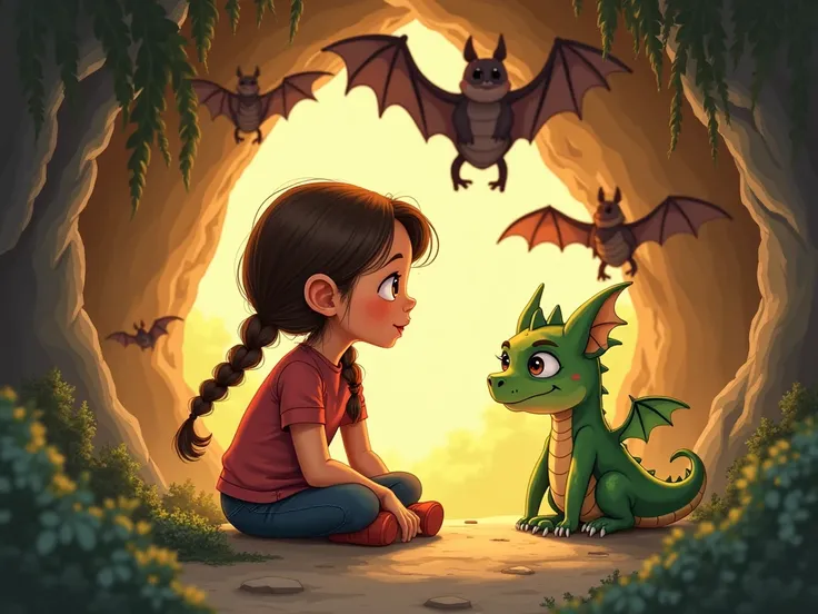 Zoé, une petite fille avec des tresses, Pipo un petit dragon vert, vZoé et Pipo assis ensemble, discutant joyeusement, avec des chauves-souris suspendues au plafond de la grotte.