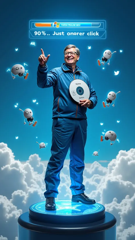 A futuristic yet quirky Bill Gates, dressed in a neon-blue cyber suit, standing on top of a floating Windows Start Menu button, pointing forward like a legendary tech commander. The sky behind him is filled with glowing Microsoft logos and floating Clippy ...