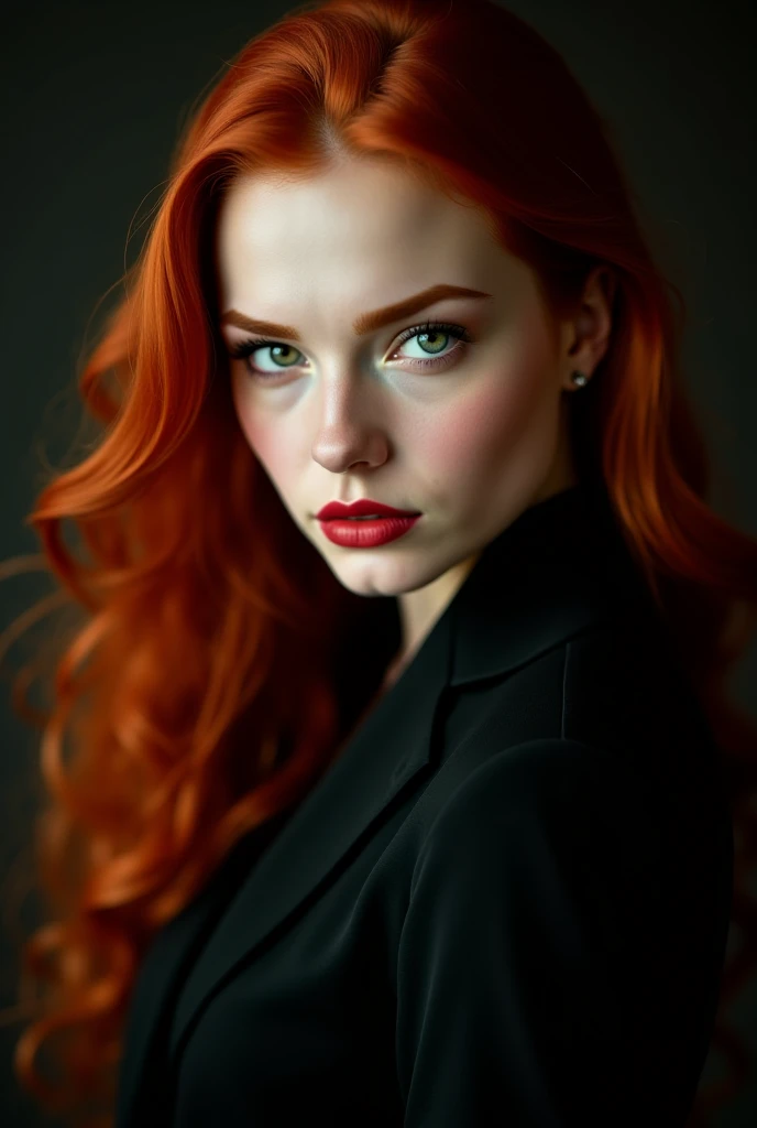  female - 23 years old, red-haired,  green eyes,  long hair, mafia, in black