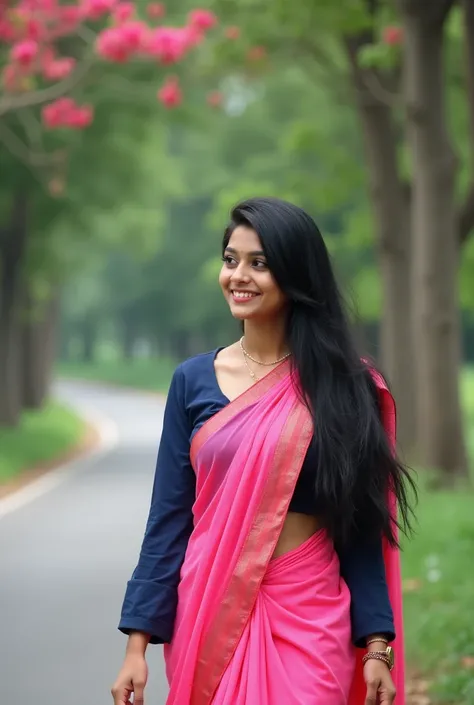 Beautiful Indian girl of 
26 years old ,in white skin toon 
,chubby cheeks,long hair in one side,black hair,dark blue blouse,full sleeves,pink saree,walking through road,a tree near road side with pink flowers,stright road,one side of the road forest