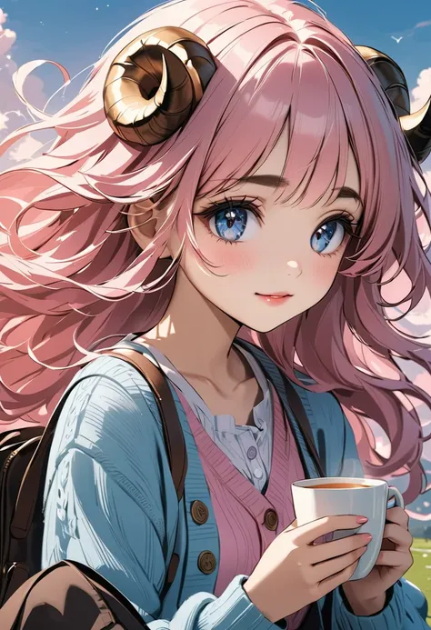 A girl with curly horns,  Drinking tea, pink fluffy hair, long hair like wool :1.4,   thick eyebrows:1.6, (( Ram&Carl Horn :1.3, pink dress ,  sky blue cardigan ,  brown boots )),  gentle expression,  hair and clothes blown in the wind  ,  Compa, Beautiful...