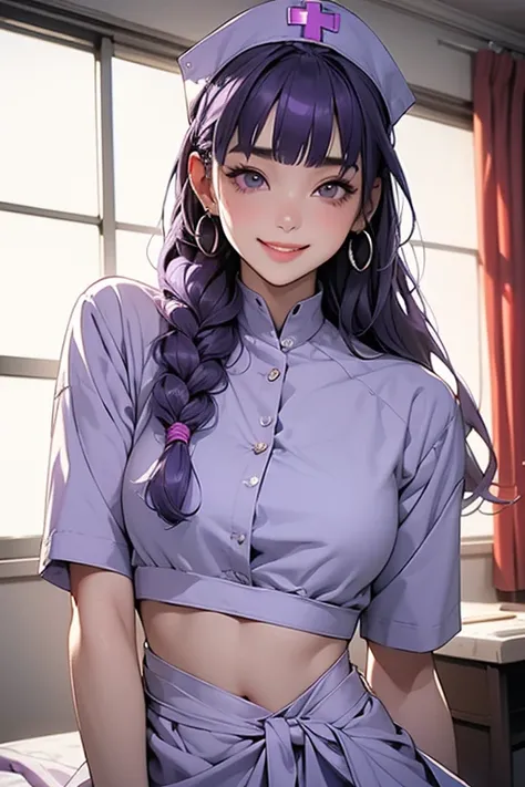      seat, blunt bangs,          braiding         ,    width ,           Hair Accessory     ,オビteeth言う, (      purple hair:1.2),          long hair ,          straight hair ,      (        exists    :1.2),      (( nurse)).      beautiful eyes  ,         re...