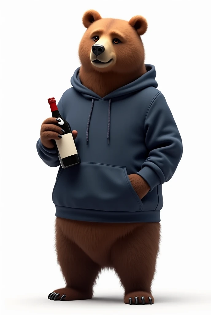 A full-height standing bear wearing a dark blue hoodie, holding a wine bottle as if he is working there. The background is plain white. The bear looks natural yet slightly anthropomorphized, standing like a store employee.