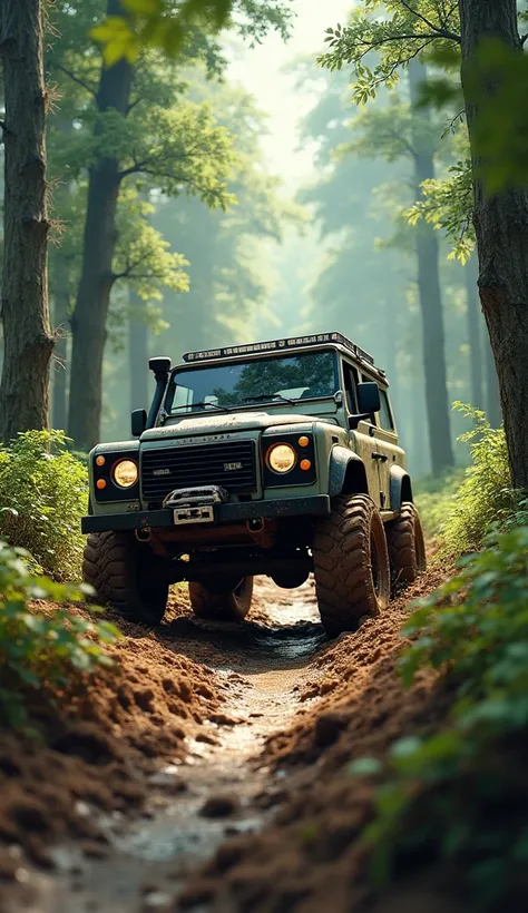 4x4 car going off-road on mud among trees in the forest