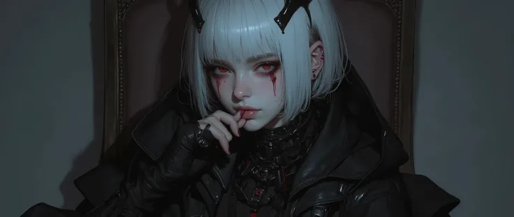  Female character , 20 years old girl,  short haircut in the color white  , fringe, eyes in the color blood red ,  expressionless face  , Empty and  penetrating look,  cyber neck  (therefore), Small Horns (therefore) On the forehead ) wearing a black jacke...