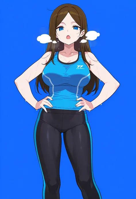 score_9, score_7_up, hd, (ultra hd quality details), blue background, flat colors,
solo, 1girl, sdlggy, large breasts, parted bangs,
blue tanktop, black yoga pants,
looking at viewer, , hands on hips, out of breath, open mouth, sweating, exhuasted expressi...