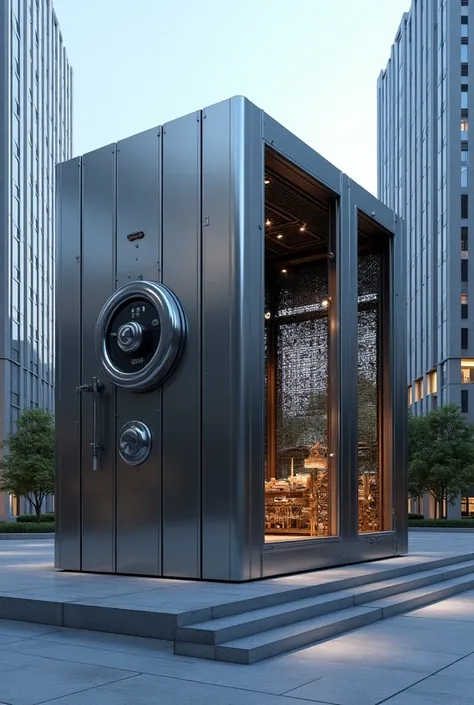  Outdoor installation ,  designed in the form of a giant open safe or bank cell . Внешний вид сейфа состоит из стеклянных и Metalических панелей,  which have built-in ,  screens showing dynamic schedules of growth and financial success .  The installation ...