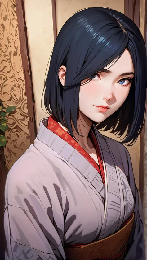 vintage movie, girl, short hair, navy hair, straight hair, woman body, traditional kimono, dutch angle, hyuga clan, shinobi village, konohagakure, ((closed mouth)), smilling, ((perfect eyes)), ((solo)), ((perfect lips))