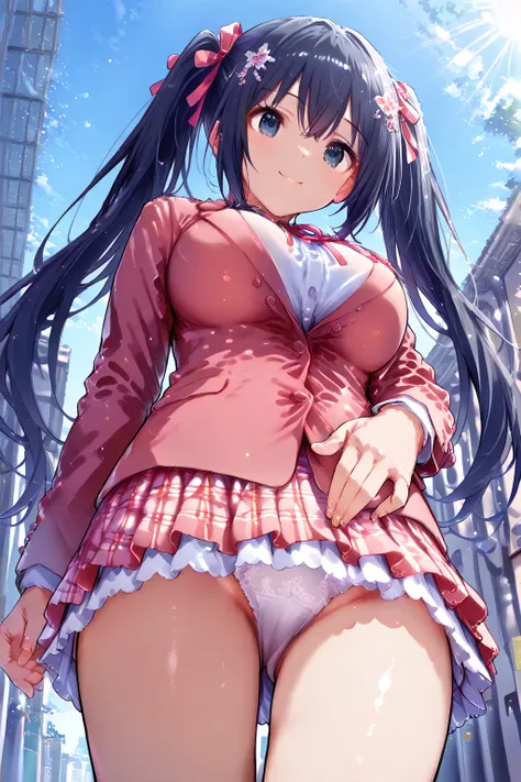   girl 、 alone、    Japanese  、ribbon,     Hair Ornament  、   normal breasts、   embarrassing、Cute clothes、   miniskirt 、      white panties    、   twin tails、   Dynamic Pose  、   natural smile   、   wink、   GREAT STYLE    、  black hair、  long hair、現実的な  gir...