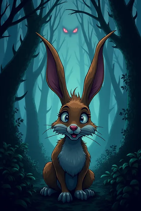 I need an animated style image , rectangular,  on a horned hare in what appears to be a dark forest,  and in the background you can see a pair of red eyes 