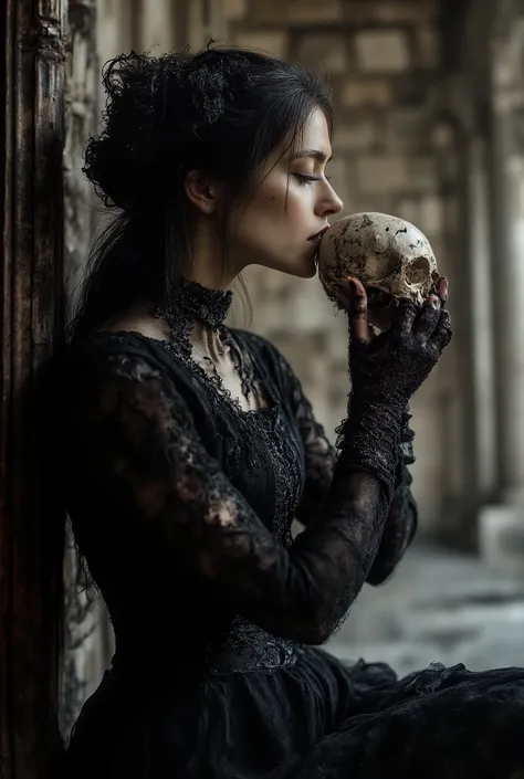 Love Beyond Time, High Quality, Gothic Horror, One Girl, Solo, Beautiful Woman, Queen of the Night, Dark Empress, Long Black Hair, Long Eyelashes, Closed Eyes, Narrow Face, Mole Under Eye, Moist Lips, Slim Body, Medieval European Black Dress, High Neck, Ch...