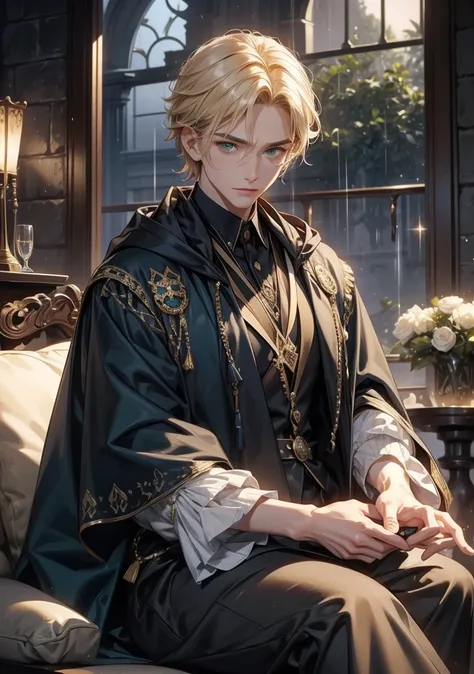  highest quality。 detailed depiction of up to the front door。Old Castle Greenhouse 。 Handsome and Cool Adult Man 、(( one adult man))。 short hair、((male short hair)), (( Light Blonde ))。 cool and impressive appearance 。(( green eyes))。Sharp impression。 Ruth...