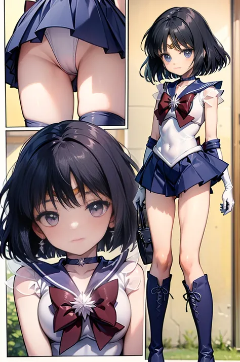 ( full body)， high resolution，  Detailed Explanation ， highest quality，( sailor warrior uniform), Sailor Saturn，  black hair，Cosmos， leotard， high leg， Purple Skirt ，  knee-high boots， Elbow Handbag ， thighs， skirts are short,スカートの下に白色の leotardが見える，Skirt b...