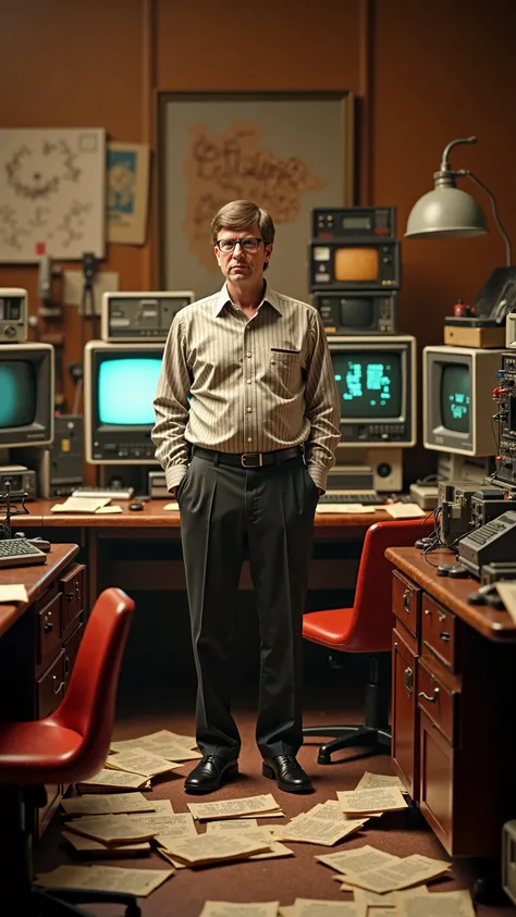 "Bill Gates standing in a vintage 1970s office, surrounded by early computers and papers, looking determined. The atmosphere is nostalgic with warm lighting."
