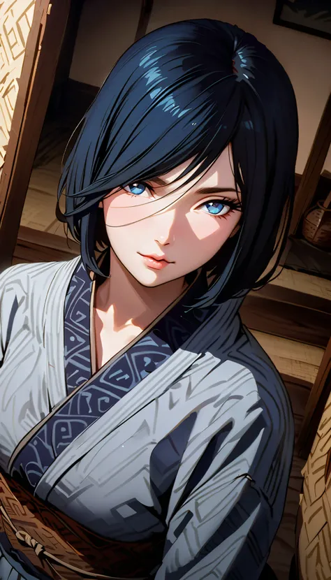 vintage movie, girl, short hair, navy hair, straight hair, woman body, traditional kimono, dutch angle, hyuga clan, shinobi village, konohagakure, ((closed mouth)), smilling, ((perfect eyes)), ((solo)), ((perfect lips))