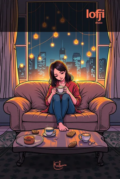  while quiet music is playing 、 a woman relaxing on the sofa with a cup of coffee、The scenery is a night view of the city 、On the top right「lofi」and described light ,  with slight vignette effect]